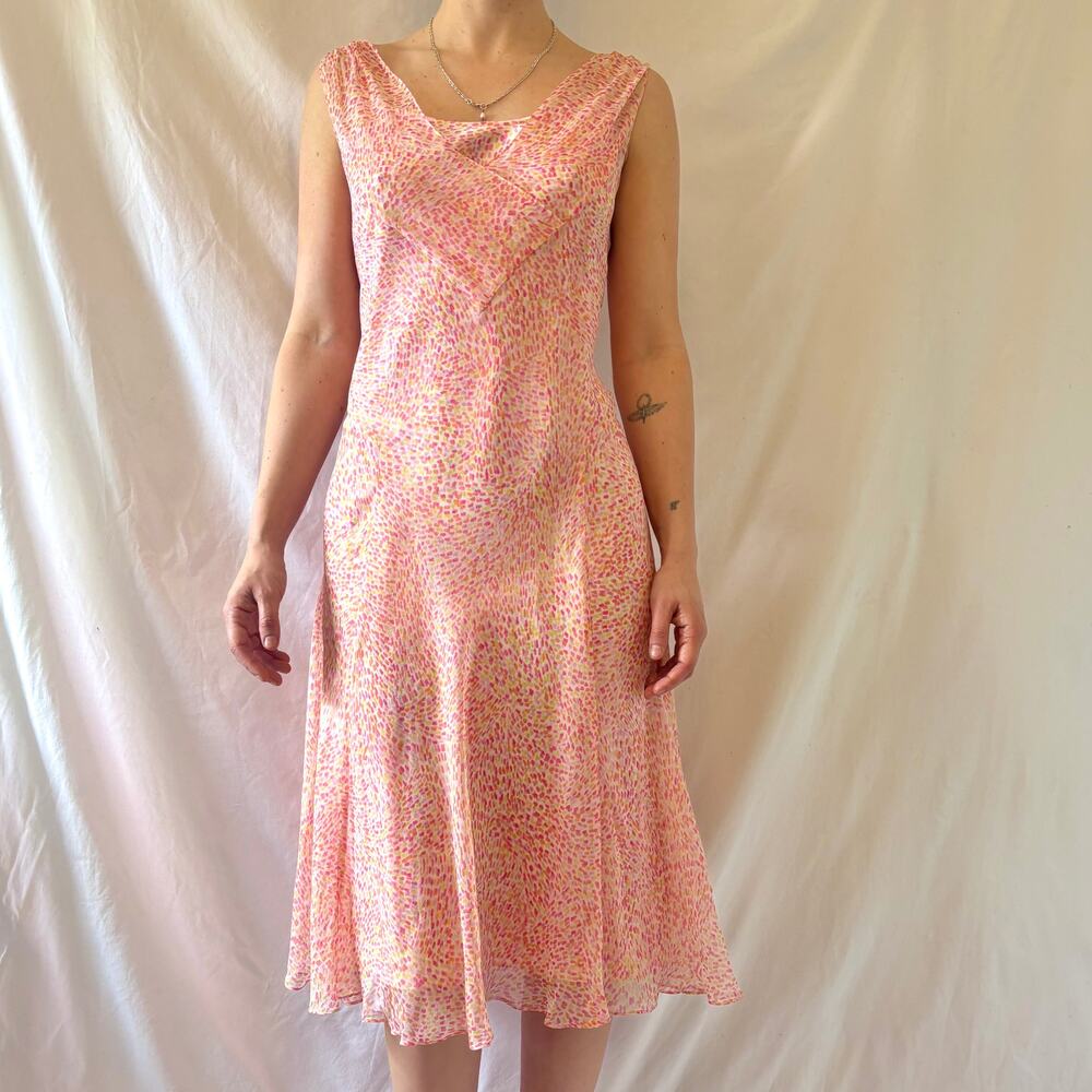Silk Chiffon Confetti Print Midi 90s Cowl Neck Bias Cut Slip Dress | Size 6